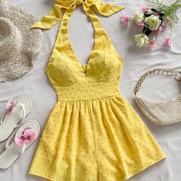 Yellow Boho Women's Textured swiss dot Mini Bodycon romper Beach - Picture 1 of 8